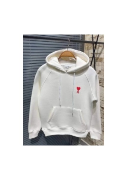 Kapşonlu Baskılı Sweetshirt - Beyaz