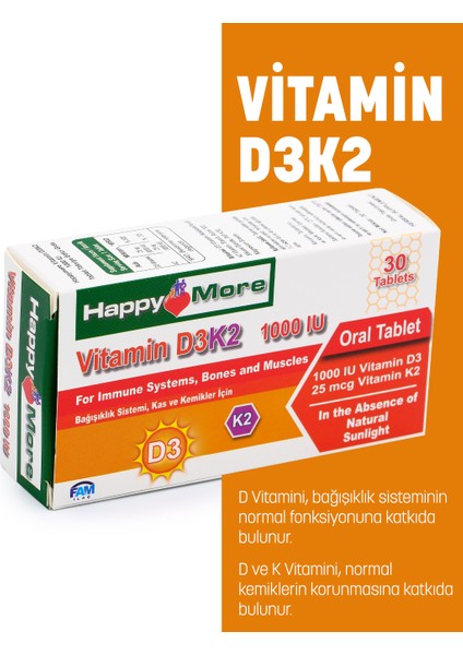 HappyMore Vitamin D3 ve Vitamin K2 İçeren 30 Tablet Takviye Edici Gıda fiyatları