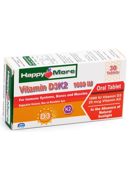 HappyMore Vitamin D3 ve Vitamin K2 İçeren 30 Tablet Takviye Edici Gıda fırsatları