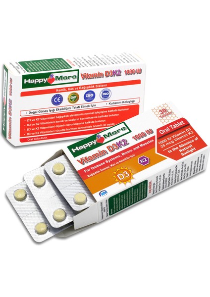 HappyMore Vitamin D3 ve Vitamin K2 İçeren 30 Tablet Takviye Edici Gıda