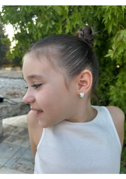 Papyonlu Hyllo Kity Motifli Gümüş Çocuk Küpe, 925 Ayar Gümüş Kız Çocuk Küpe, Çocuk Gümüş Küpe modelleri