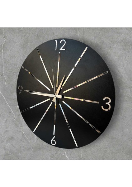 Siyah-Gri Aynalı Çizgi Desenli Ahşap Duvar Saati 50CM, Sessiz ve Dekoratif