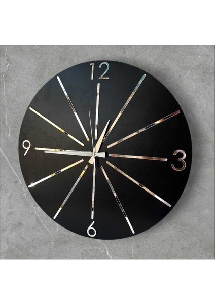 Siyah-Gri Aynalı Çizgi Desenli Ahşap Duvar Saati 50CM, Sessiz ve Dekoratif modelleri