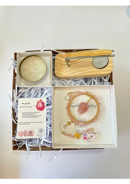 Pembe Kuvars Hediye Kutusu 6 - Doğal Taş Sun Catcher, Mum, Palo Santo ve Palo Santo Tütsülük
