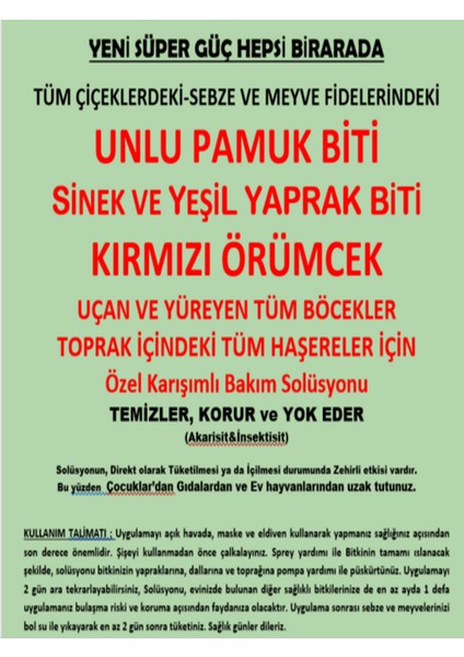 (1,5 Lt) Çiçekler İçin Unlu Pamuk Biti Ilacı Sinek ve Yaprak Biti-Kırmızı Örümcek Ilacı