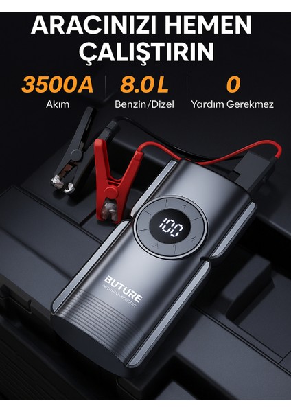 BETA01 3500A 2000mah Lastik Şişirme Kompresörlü Taşınabilir Akü Takviye Kiti (Çanta + Led Lamba + Powerbank)
