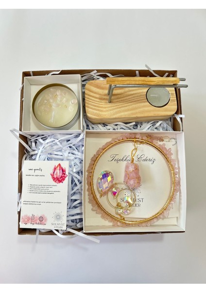 Pembe Kuvars Hediye Kutusu 3 - Doğal Taş Sun Catcher, Mum, Palo Santo ve Palo Santo Tütsülük