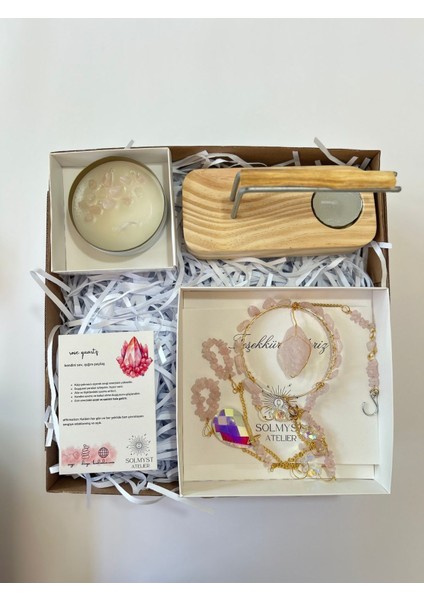 Pembe Kuvars Hediye Kutusu 1 - Doğal Taş Sun Catcher, Mum, Palo Santo ve Palo Santo Tütsülük