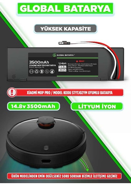 Xiaomi Mi Vacuum Mop 2 Pro Plus 3D Uyumlu Akıllı Robot Süpürge Batarya 14.4V 7000MAH Li-Ion Pil (Ultra Kapasite)