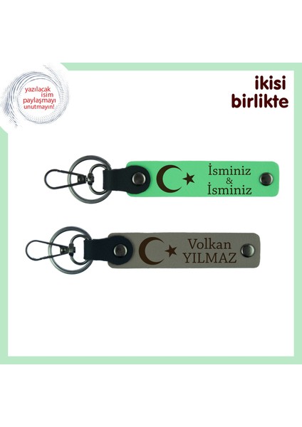 Babaya Anlamlı Bir Hatıra – Ay Yıldız Işlemeli, Isimli Anahtarlık Takımı Hediye, F Yeşil-Kül Gri