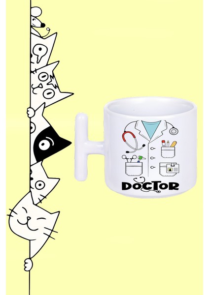 Doktor Meslek Tasarım Baskılı Beyaz T Sap Kupa Bardak