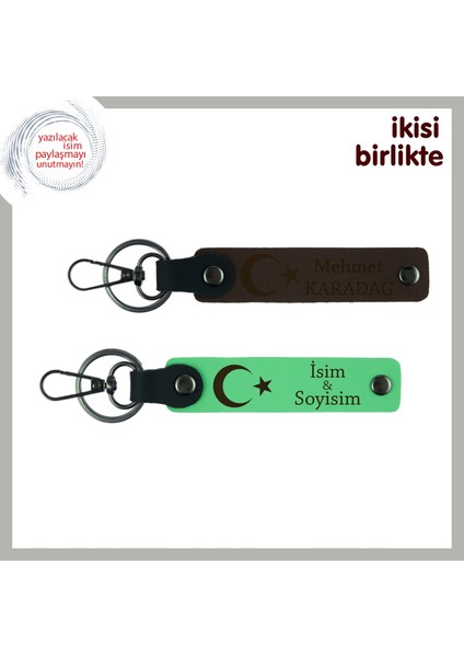 Aileye Hatıra Kalacak Hediye – Ay Yıldız Desenli Isimli Anahtarlık Takımı, Koyu Kahve-Yeşil