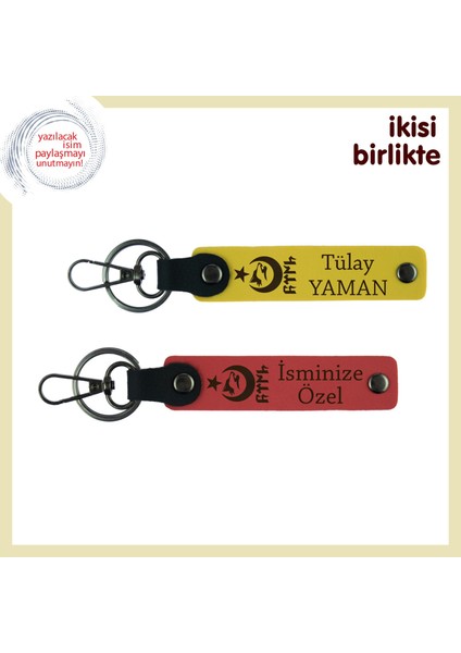 Aşkına Anlamlı Hediye, Ayyıldız Kurt Göktürklü Kişiye Özel Deri Anahtarlık Takımı, Sarı-Nar Çiçeği