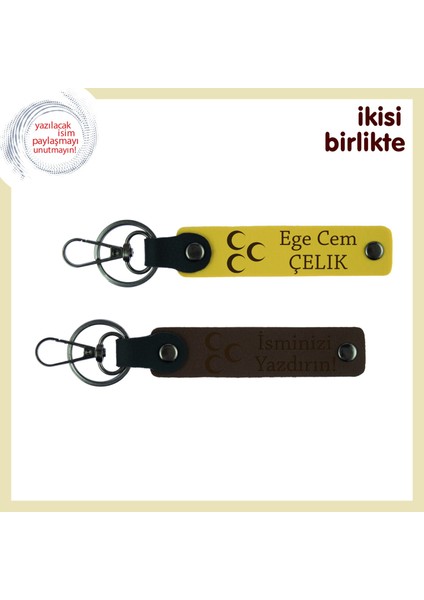 Vatan Temalı Aşk Hediyesi Üç Hilal, Isim Yazılı Deri Anahtarlık X2' Li Set, Sarı-Kahve