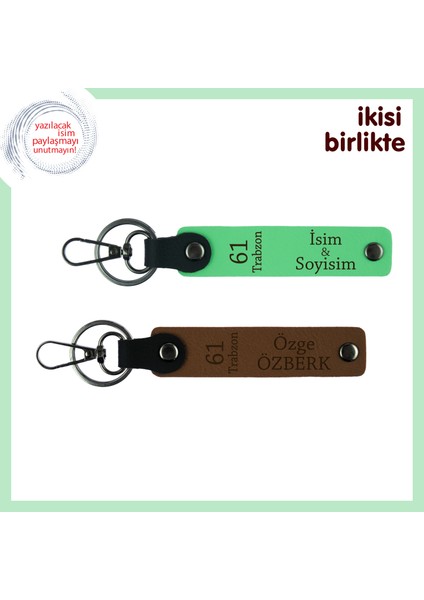 Trabzon Temalı 61 Desenli Şık Görünümlü Deri Anahtarlık Takımı, Isim Yazılı, Fıstık Yeşil-Açık Kahve