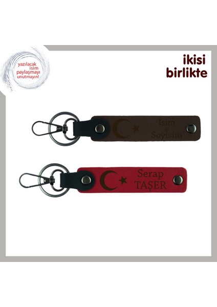 Sevgiline Ay Yıldızla Süslenmiş Aşk Hediye – 2’li Deri Anahtarlık Takımı, Koyu Kahve-Kırmızı