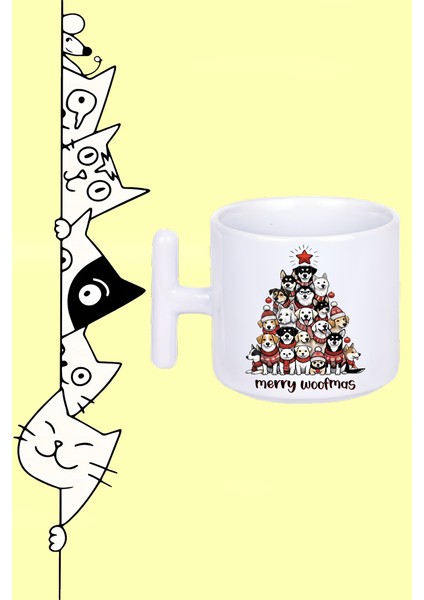 Köpekler Yeni Yıl Noel Yılbaşı Tasarım Baskılı Beyaz T Sap Kupa Bardak