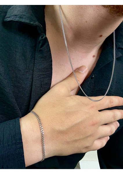 Silver Erkek Zincir Bileklik ve Kolye Paslanmaz Çelik Renk Atmaz Unısex Kararmaz Set Ikili
