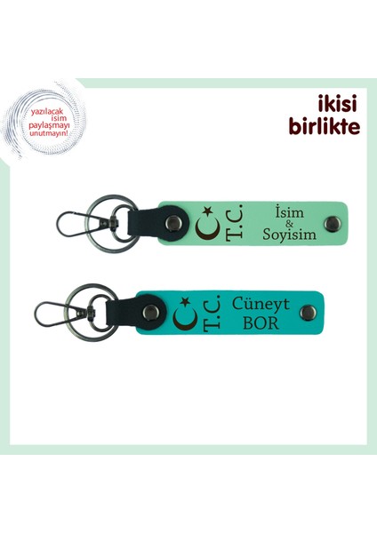 Arkadaşlık Bağına Özel Hatıra, Ay Yıldız Tc Temalı Isimli 2’li Anahtarlık Hediye, Açık Yeşil-Turkuaz