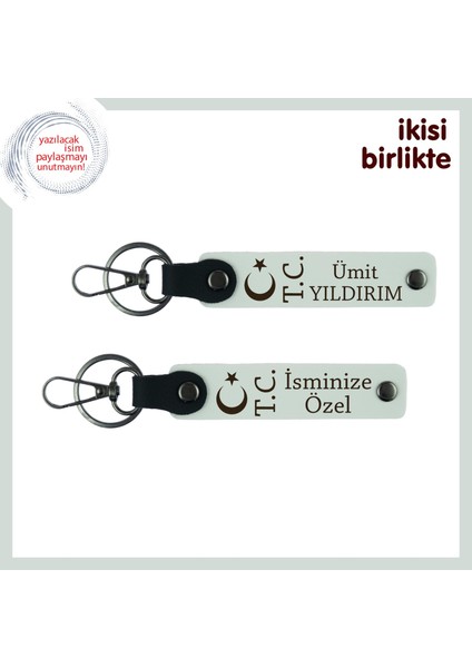Kardeşe Kalıcı Hatıra, Ay Yıldız Tc Yazılı Isim Soyisimli 2’li Anahtarlık Seti Hediye, Beyaz-Beyaz