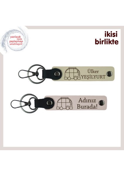 Karavan Hayatına Yakışır Sade Hediye, Isim Yazılabilir Deri Anahtarlık Takım, Sütlü Kahve-Pudra