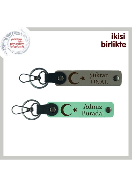 Yeni Başlayan Asistanlara Hatıra – Ay Yıldız Desenli Anahtarlık Takımı, Kül Gri-Yeşil
