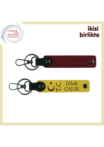 Eşe Verilebilecek Anlamlı Hatıra – Ay Yıldız Tc ve Isimli 2’li Deri Anahtarlık, Bordo-Sarı