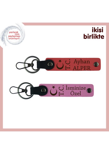 Kardeşe Sıcak Bir Hatıra – Ay Yıldız Tc, Kişiselleştirilebilir Deri Anahtarlık Set, Nar Çiçek-Pembe