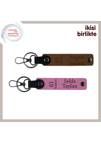 Gururla Taşınacak 61 Logolu Hediye, Kişisel Isimli Trabzon Anahtarlık Takımı 2'li, Açık Kahve-Pembe