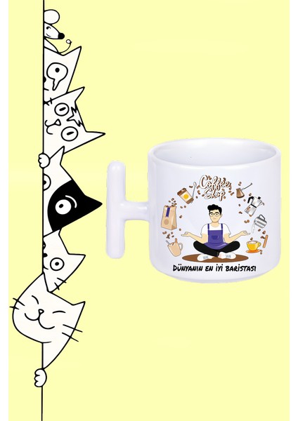 Dünyanın En Iyi Baristası Coffee Shop Tasarım Baskılı Beyaz T Sap Kupa Bardak