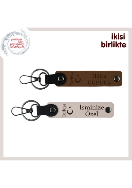 Öğretmene Hatıra, Ayyıldız ve Türkiye Isme & Soyisme Özel 2’li Anahtarlık Hediye, Açık Kahve-Pudra