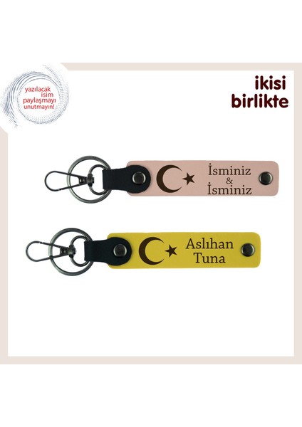 Gönülden Gelen Anlamlı Bir Hediye, Ay Yıldızlı Kişisel Isimli Deri Anahtarlık X2, Yavru Ağzı-Sarı