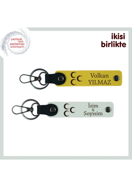 Aşkın ve Bağlılığın Simgesi – Üç Hilal ve Isimli Ikili Anahtarlık Set, Sarı-Beyaz