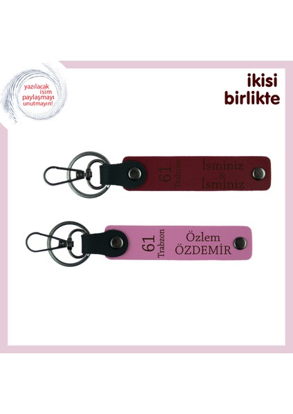 Trabzon Temalı 61 Numaralı Hediyelik Anahtarlık Takımı, Isminize Özel Üretim X2' Li, Bordo-Pembe