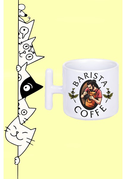 Barista Coffee Tasarım Baskılı Beyaz T Sap Kupa Bardak