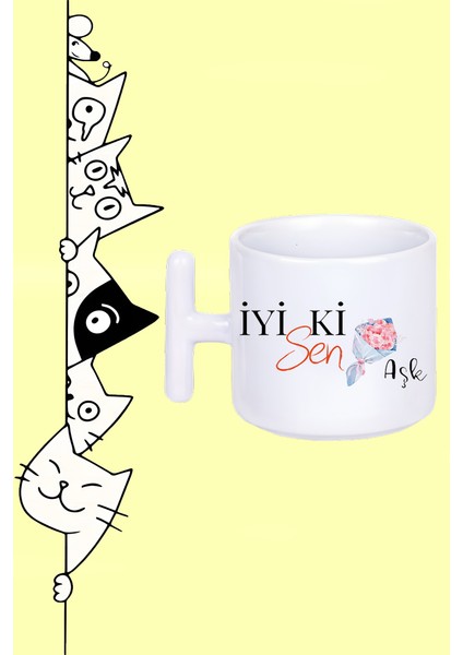 Iyi Ki Sen Aşk Çiçek Buketi Tasarım Baskılı Beyaz T Sap Kupa Bardak