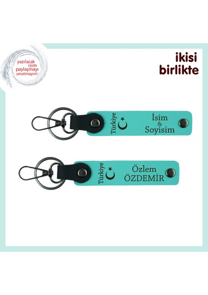 Milli Ruhu Yansıtan Hediye, Ayyıldız ve Türkiye Deri Anahtarlık Takım Isim Yazılı, Turkuaz-Turkuaz