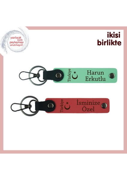 Babaya Kalıcı Hatıra Ayyıldız ve Türkiye Temalı, Isim Yazılı 2’li Anahtarlık Takımı, Yeşil-Nar