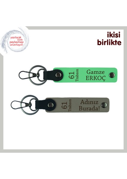 61 Trabzon Temalı Şık Hediyelik Anahtarlık Takımı, Isim Yazılabilen Tasarım, Fıstık Yeşil-Kül Gri