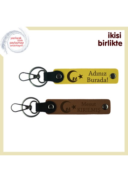 Aşkı Yaşat – Çocuk ve Ayyıldız Desenli Kişisel Deri Anahtarlık Hediyelik Set X2, Sarı-Kahve