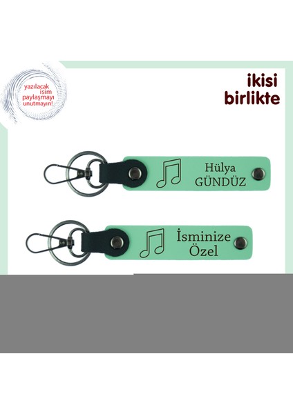 Piyanistlere Yakışır Deri Tasarım, Notalı Yazılabilir Anahtarlık Seti, Açık Yeşil-Açık Yeşil