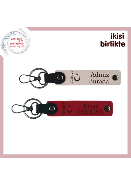 Kişisel Armağan – Ayyıldız ve Türkiye Desenli Isme Yazılabilir X2 Anahtarlık Hediye, Pudra-Kırmızı