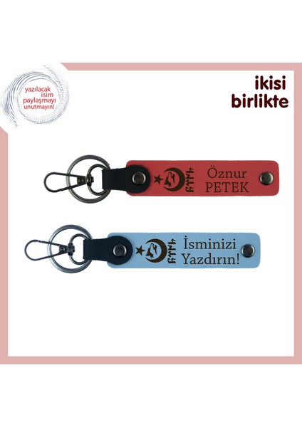 Anneye Gururlu Armağan – Ayyıldız Kurt Göktürk, Isme Özel Deri Anahtarlık Seti, Nar Çiçeği-Gök Mavi