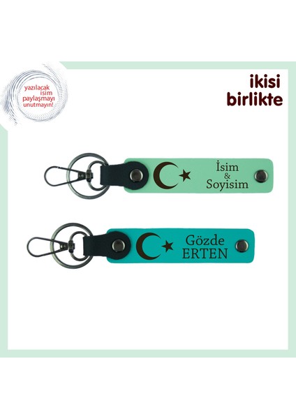 Arkadaşlık Bağına Özel Hatıra, Ay Yıldız Temalı Isimli 2’li Anahtarlık Hediye, Açık Yeşil-Turkuaz