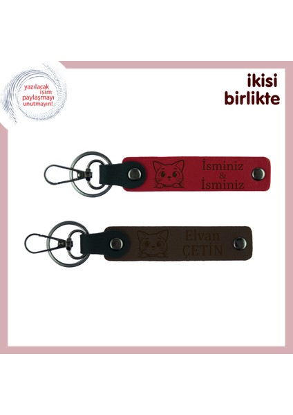 Kediyle Tanışma Gününüze Anlamlı Hatıra, Kedi Temalı Deri Anahtarlık Takımı, Kırmızı-Koyu Kahve