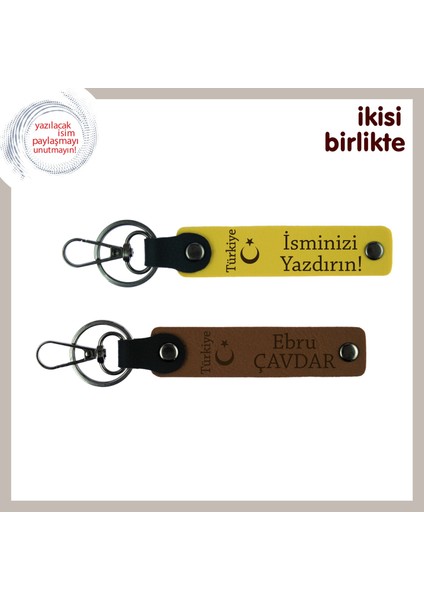 Aşkı Yaşat – Ayyıldız ve Türkiye Desenli Kişisel Deri Anahtarlık Hediyelik Set X2, Sarı-Kahve