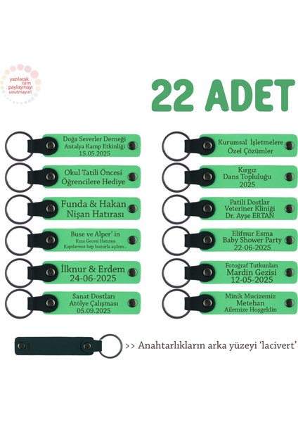 Anaokulu Öğrencilerinden Annelerine, 22'li Set, Kişiye Özel Yazılı Deri Anahtarlık, F Yeşil & Laci