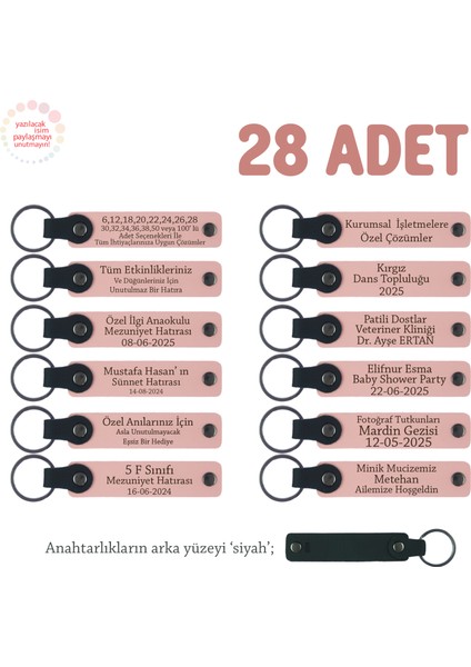 Okul Rehberlik Birimine Özel, 28'li Set, Kişiye Özgü Yazılı Deri Hatıra Anahtarlık, Pudra & Siyah