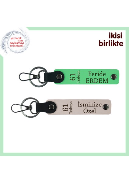 Trabzon Aşığına Kalıcı Hatıra Deri Anahtarlık Takımı, Isminiz Yazılı Armağan, Fıstık Yeşil-Pudra