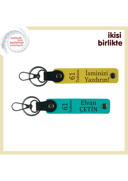 Trabzon Sevdasına Özel Deri Anahtarlık X2'li, Isminiz Yazılı Hatıra Set, Sarı-Koyu Turkuaz